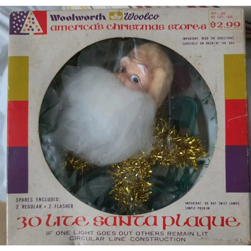 Vtg 30 Lite Santa Tinsel Wreath Star Blinking Light Christmas Plaque Works w/Box